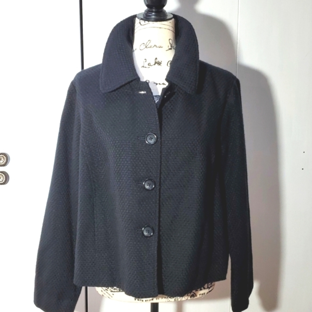 Briggs NY Black Wool Button Front Dress Coat Blazer Pockets Neutral Crop Sz.14